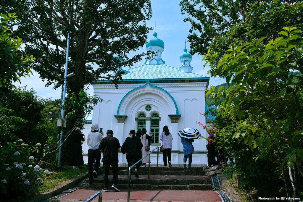 函館ハリストス正教会復活聖堂。ロシア・ビザンチン様式の作り、屋根の上がロシアっぽい。