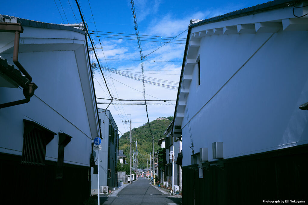 この辺りは普通に電柱がありますが、古い建物に電線がちょっといい感じです。奥に見えるのが八幡山です。